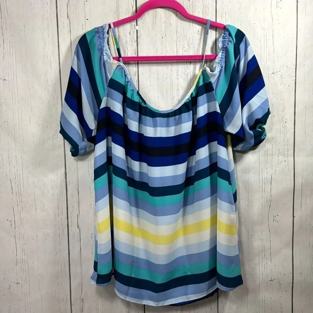 New York & Company Stripes Off The Shoulder Blue Coastal Nautical Blouse